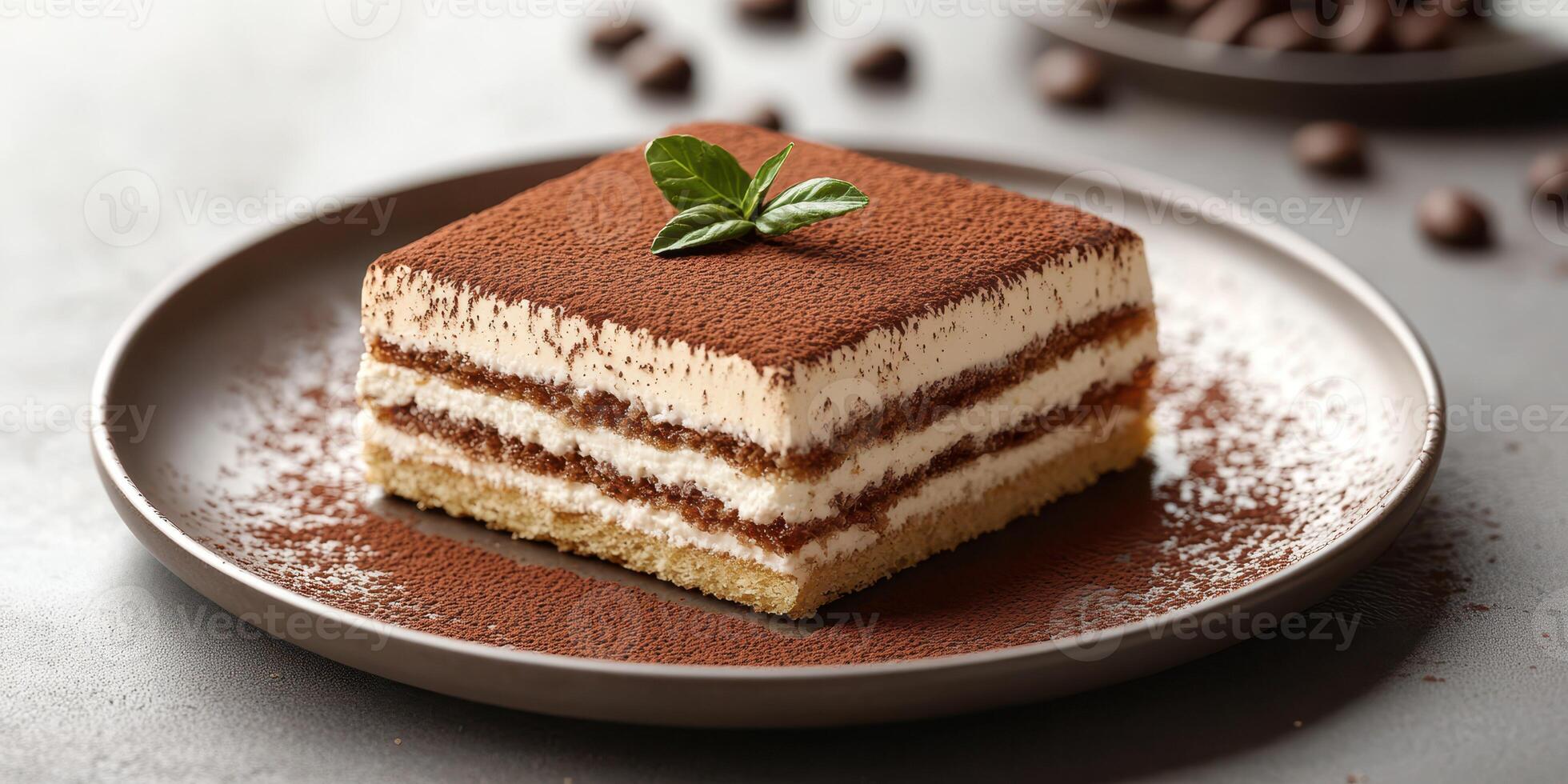 Delicious layered dessert with coffee flavor and cocoa dusting on a dark plate in a cozy cafe setting photo