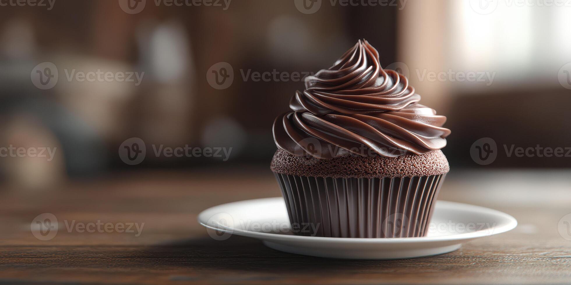 Decadent chocolate cupcake with creamy frosting placed on a white plate in a cozy cafe setting photo