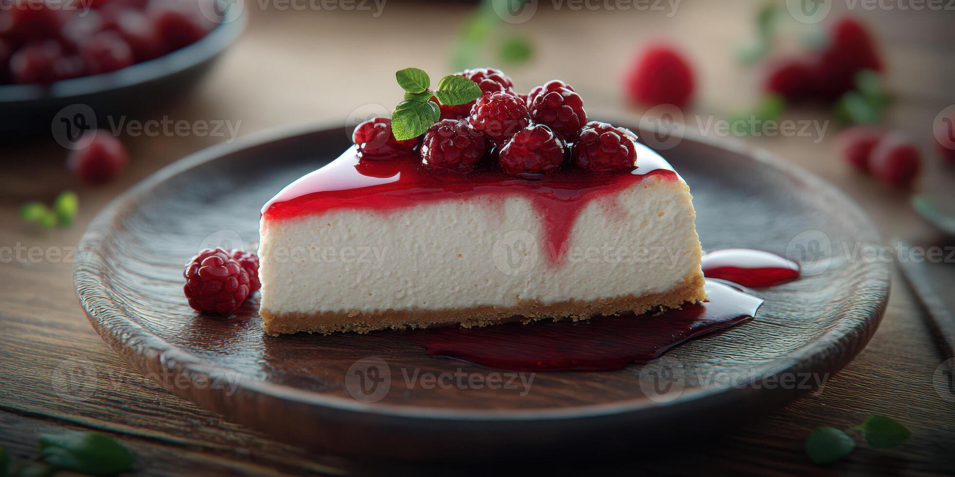 Delicious cheesecake topped with fresh raspberries and raspberry sauce served on a wooden plate photo