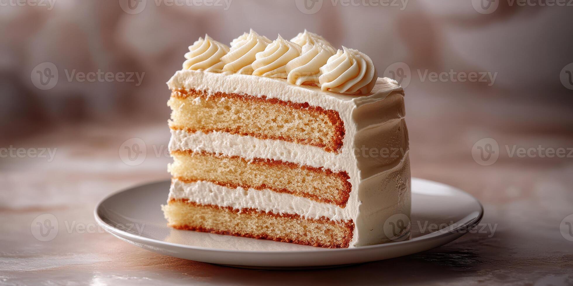 Delicious layer cake with creamy icing on a plate captured in a cozy kitchen setting during daylight photo