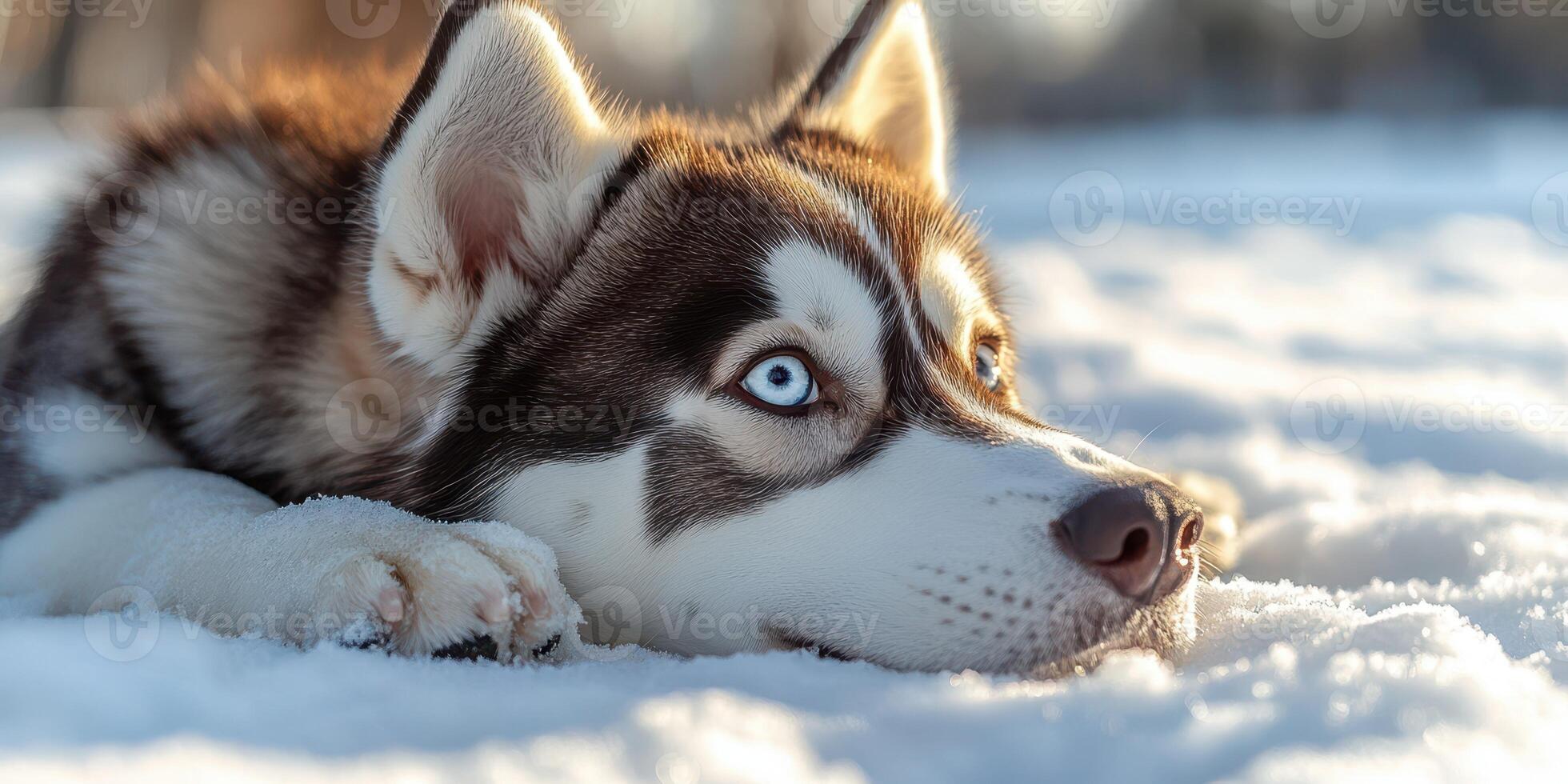 Siberian husky rests in the snow during winter, enjoying the cold weather in a tranquil outdoor setting photo