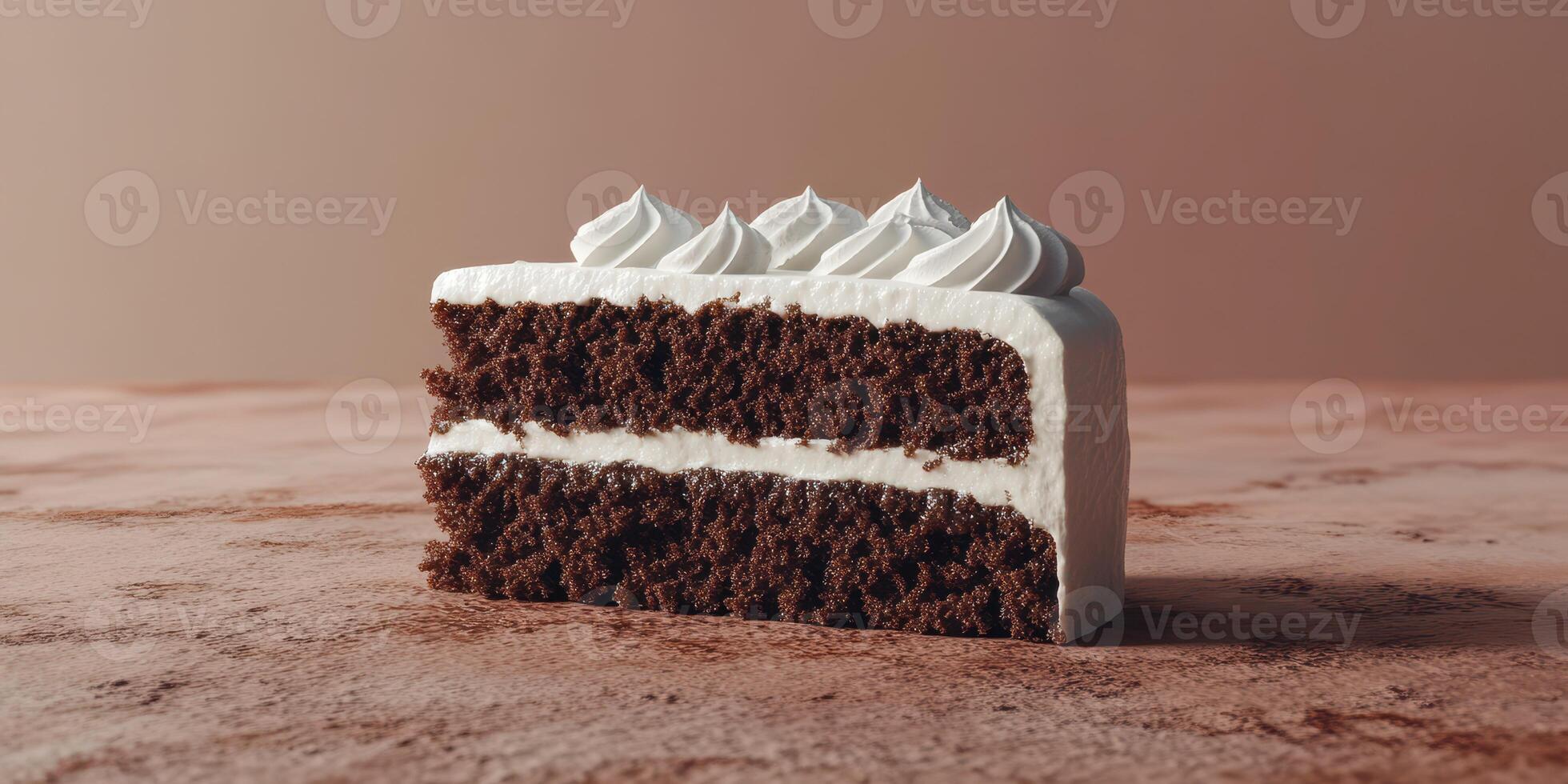 Delicious chocolate cake slice on a textured surface with cream topping and rich layers photo