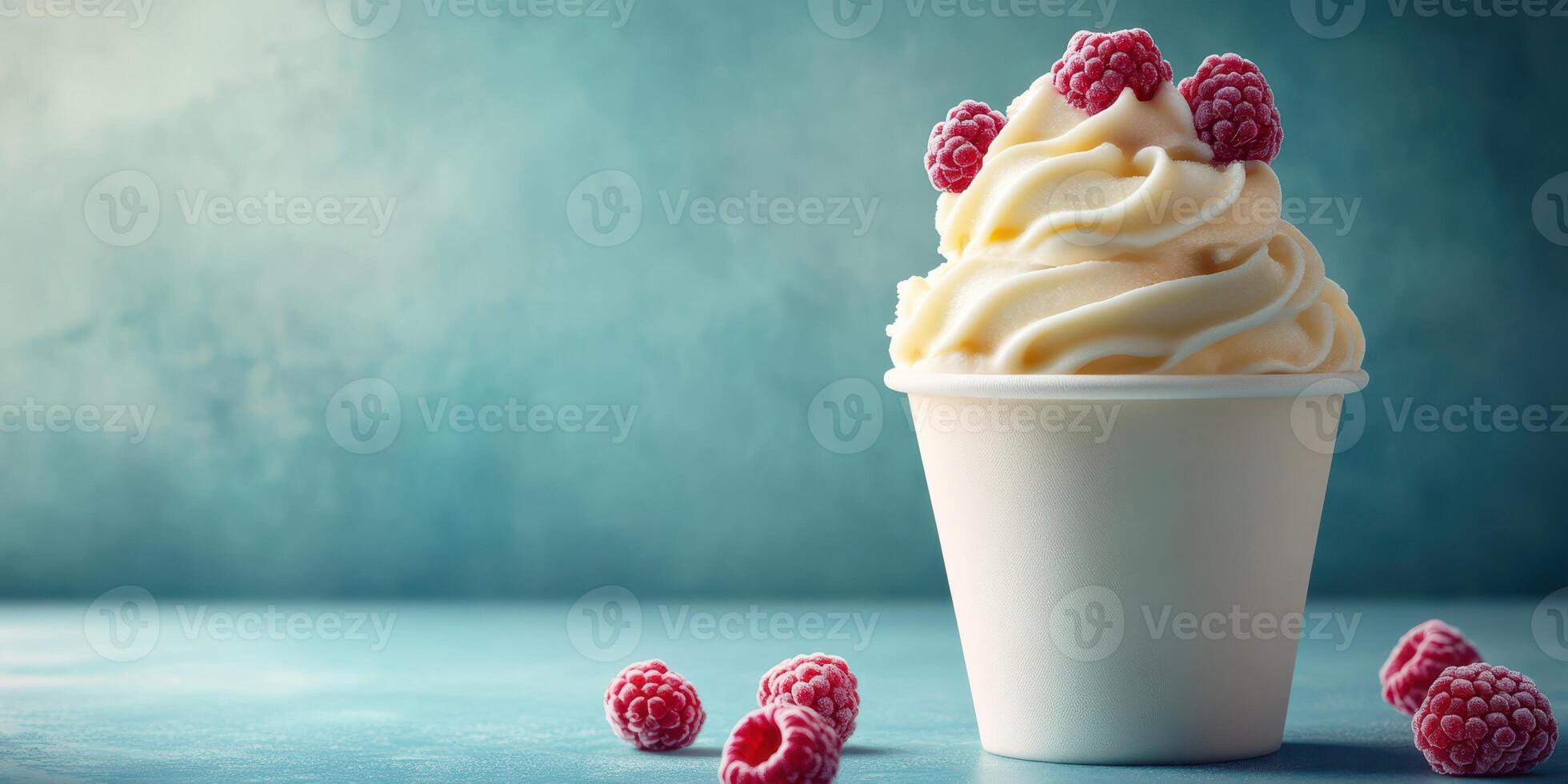 Creamy swirl ice cream with fresh raspberries in a cup on a blue background photo