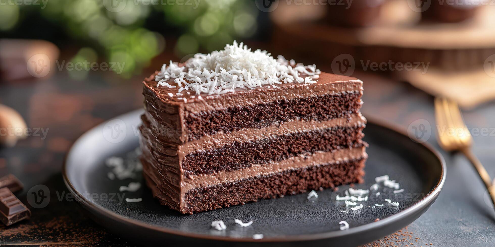 Indulgent chocolate cake layered with rich frosting and topped with coconut flakes served on a dark plate photo