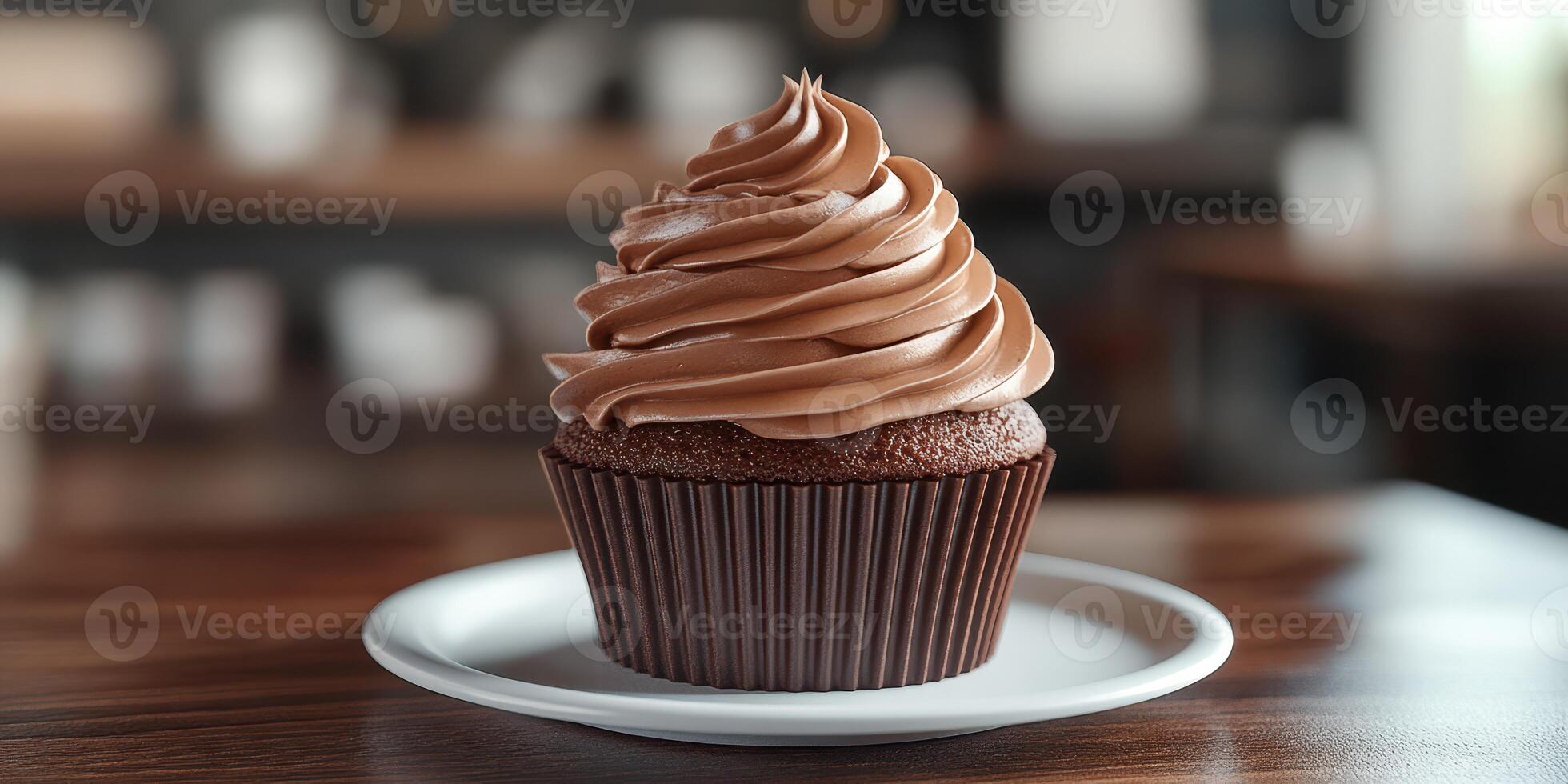 Chocolate cupcake with swirled frosting on a white plate in a cozy cafe setting photo