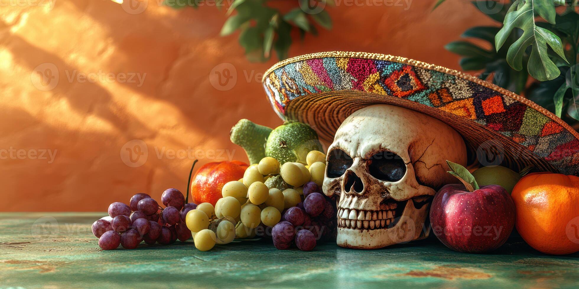 Colorful skull with sombrero resting among fresh fruits on a textured surface in a warm indoor setting photo