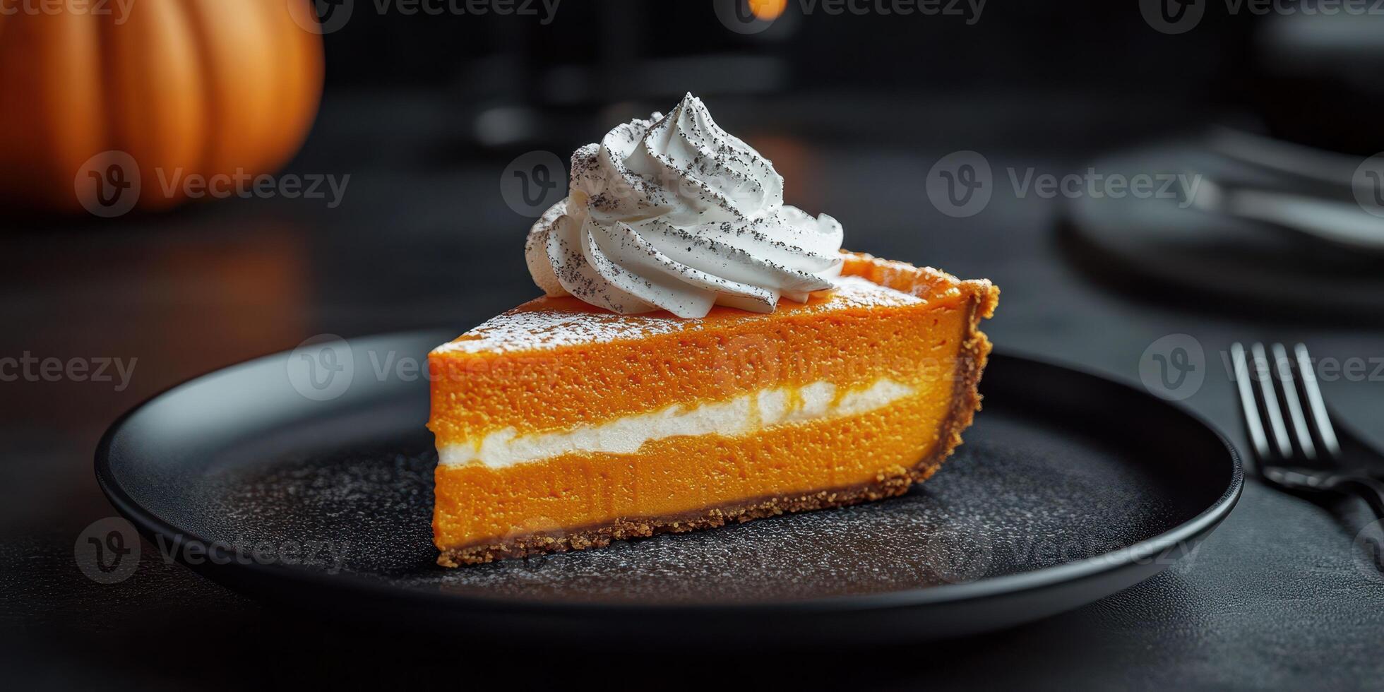 Slice of pumpkin cheesecake topped with whipped cream and sprinkled with cinnamon on a dark plate photo