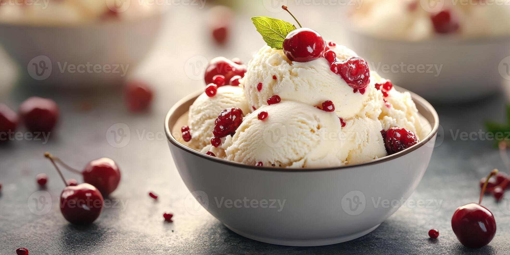 Creamy vanilla ice cream topped with fresh cherries and red currants in a modern kitchen setting photo