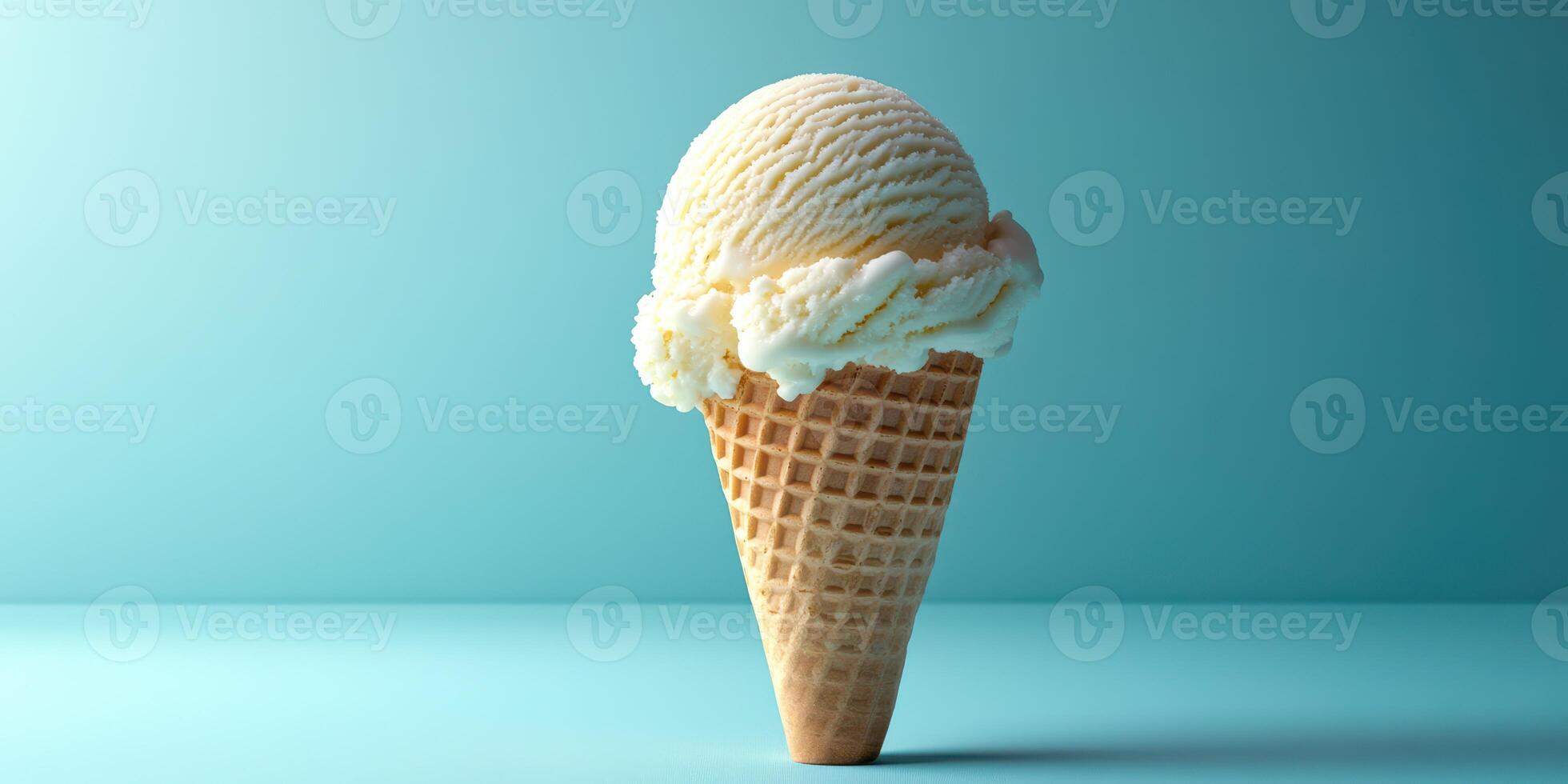 Creamy vanilla ice cream cone displayed against a light blue background creating a refreshing summer vibe photo
