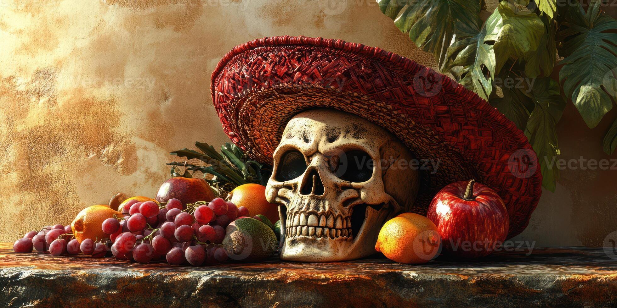 Colorful skull with fruit and sombrero displayed on a rustic table in a vibrant setting photo