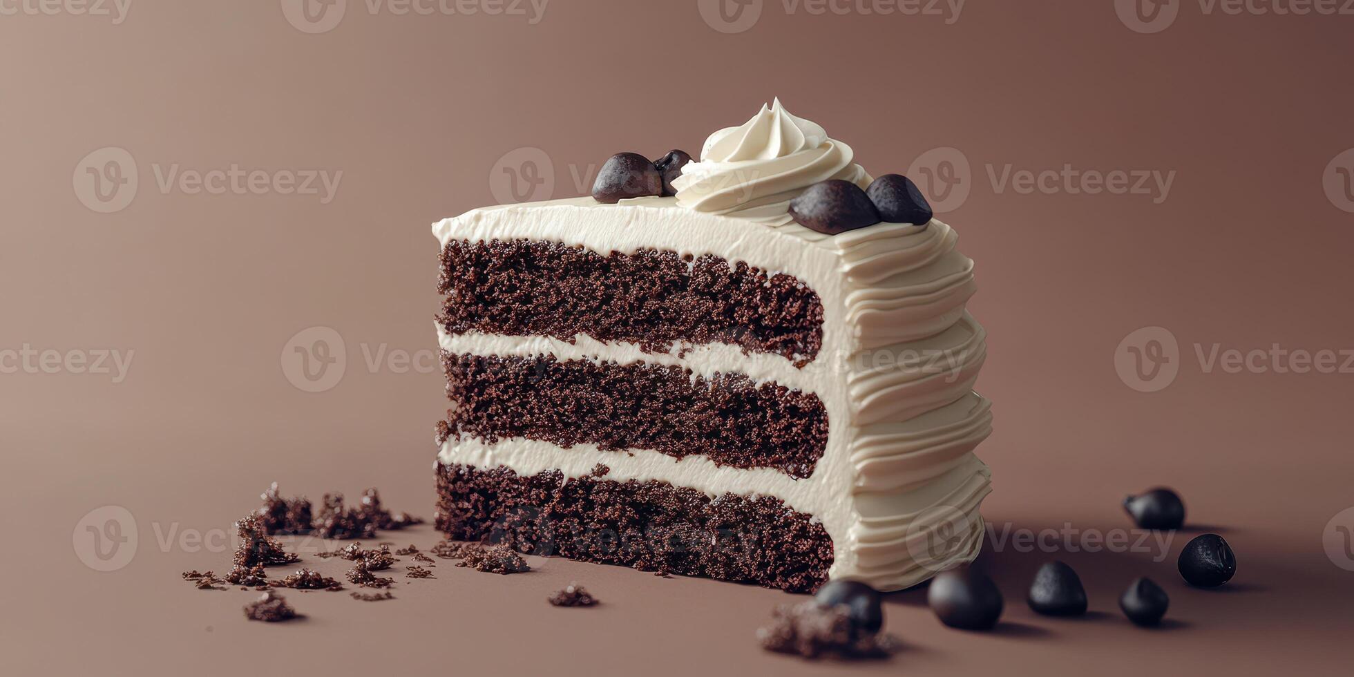 Decadent chocolate cake slice topped with whipped cream and chocolate chips on a neutral background photo