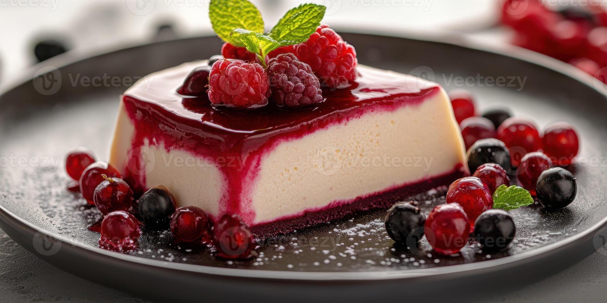 Delicious dessert with berries and raspberry sauce presented on a dark plate in a cozy dining setting photo