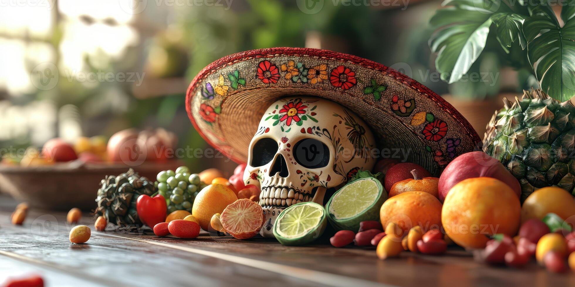 Colorful sugar skull adorned with flowers and fruits on a wooden table during a festive celebration photo