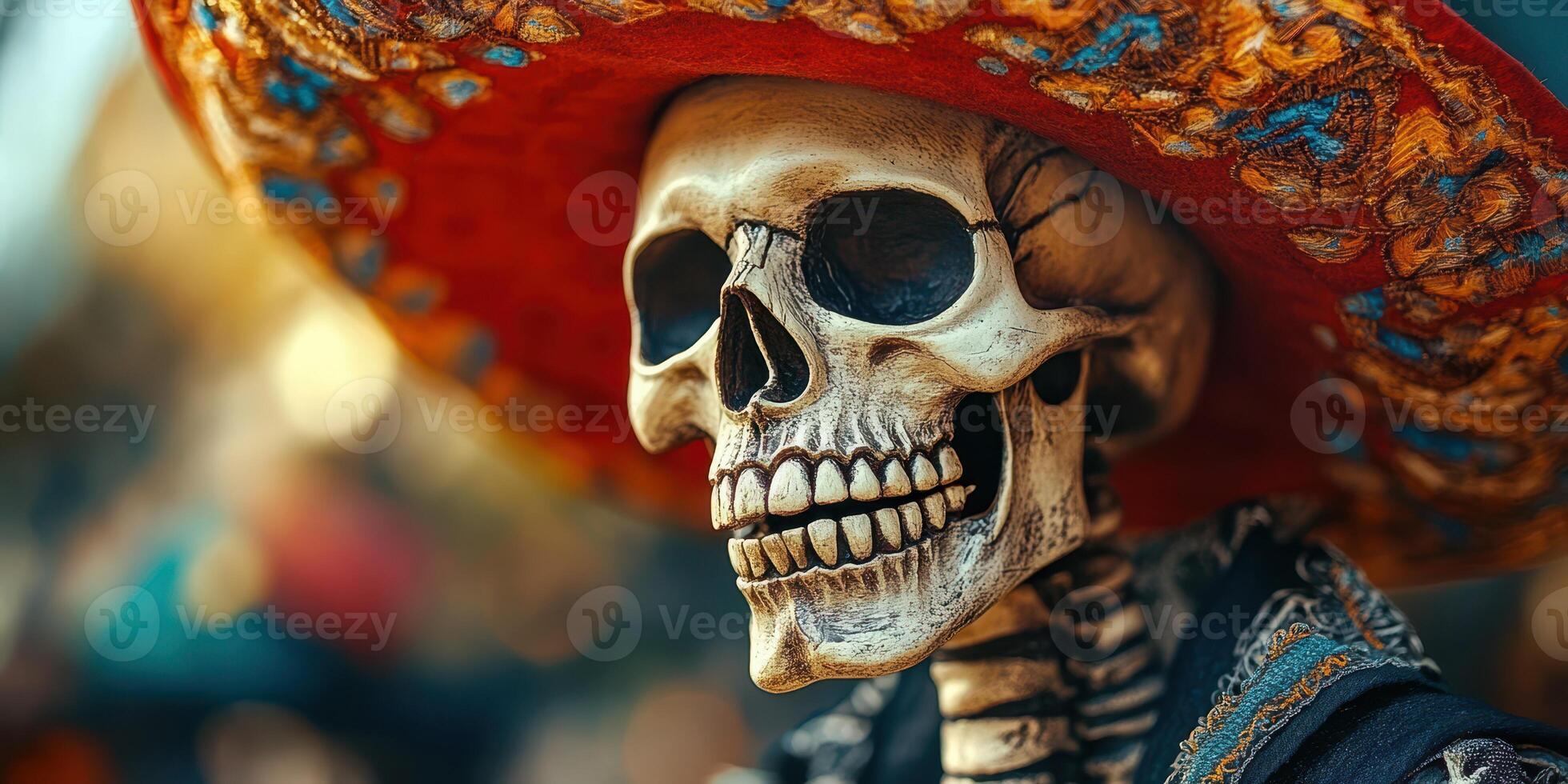 Colorful skeleton wearing a sombrero celebrates tradition during a cultural festival in a vibrant outdoor setting photo