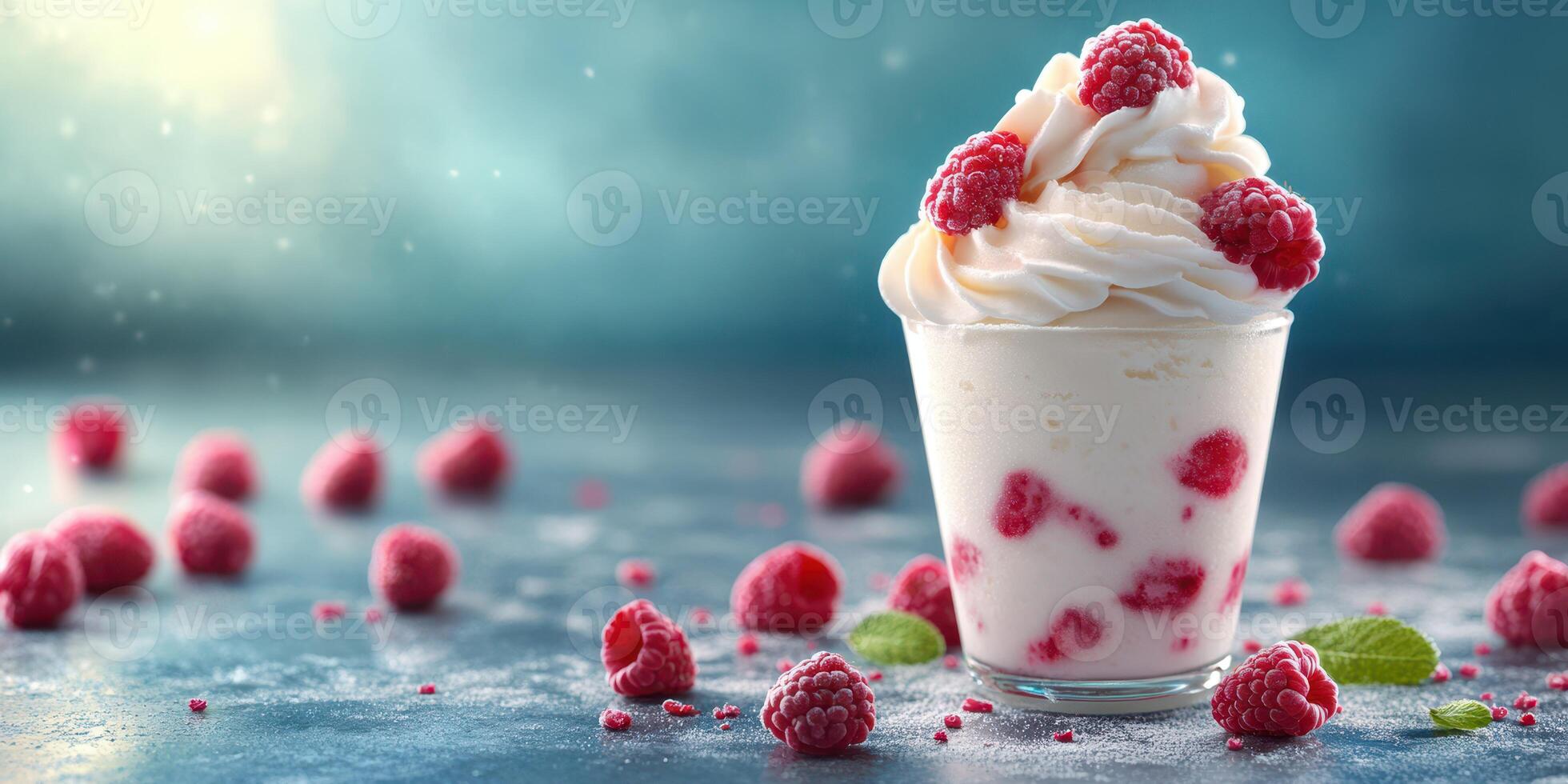 Delicious raspberry dessert served in a glass with fresh raspberries and whipped cream on a textured background photo