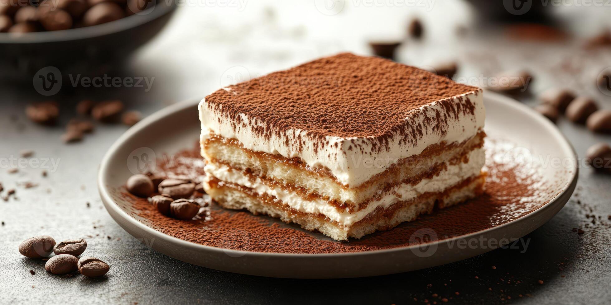 Decadent dessert showcasing layers of tiramisu topped with cocoa powder, ready to be enjoyed on a rustic table photo