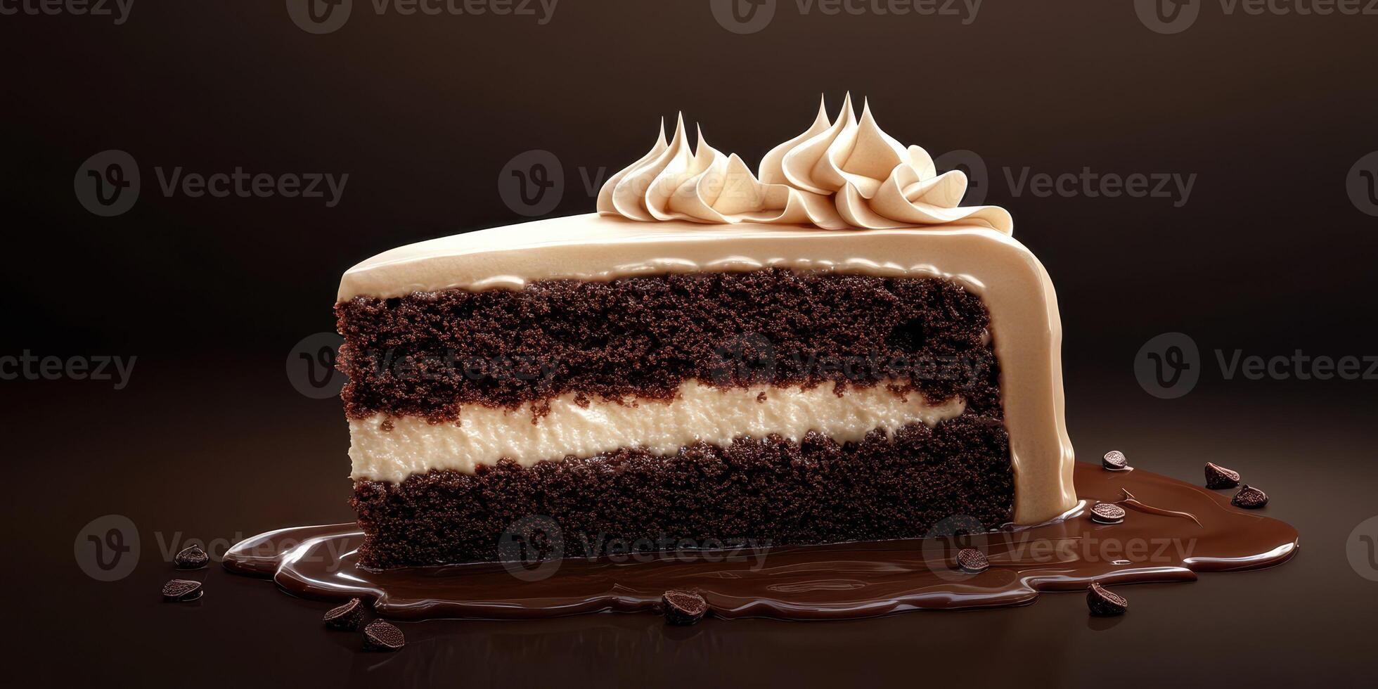 Delicious chocolate cake sliced to reveal creamy filling and rich frosting with a drizzle of chocolate sauce photo