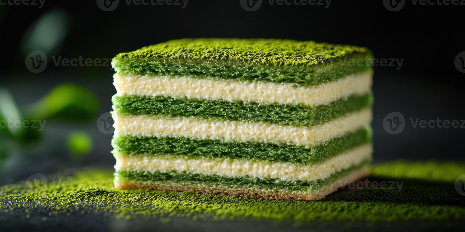 Delicious layered matcha cake with vibrant green tea flavor served on a dark background photo