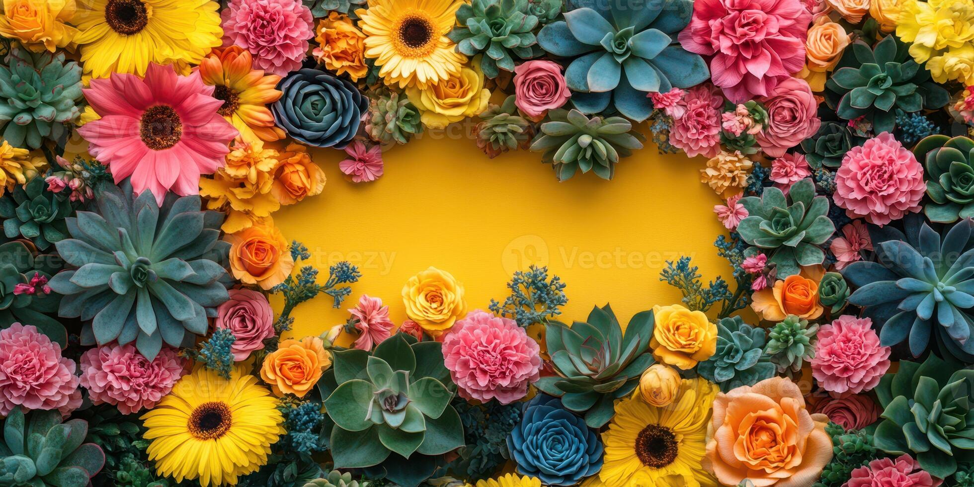 Bright floral arrangement featuring diverse flowers and succulents on a vibrant yellow background photo