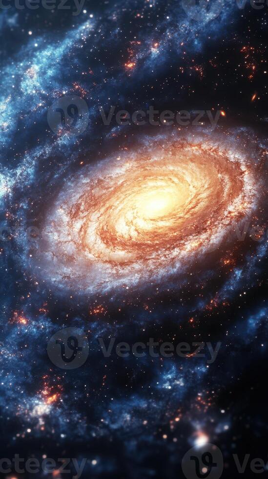Spiral galaxy illuminated by vibrant stars and cosmic dust in deep space photo