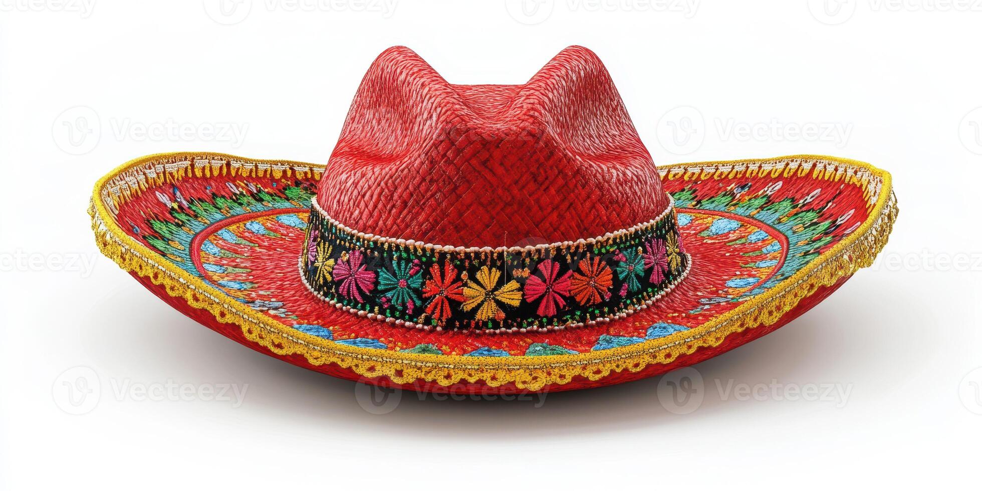 Vibrant red sombrero with intricate floral designs on colorful band suitable for festive celebrations photo