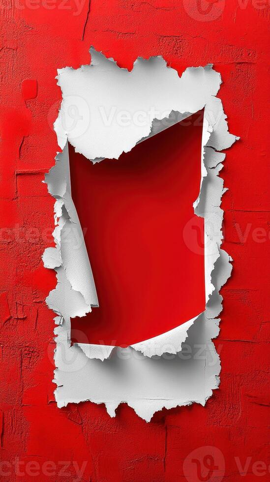 Torn red paper revealing a contrasting surface beneath in a creative and artistic display photo