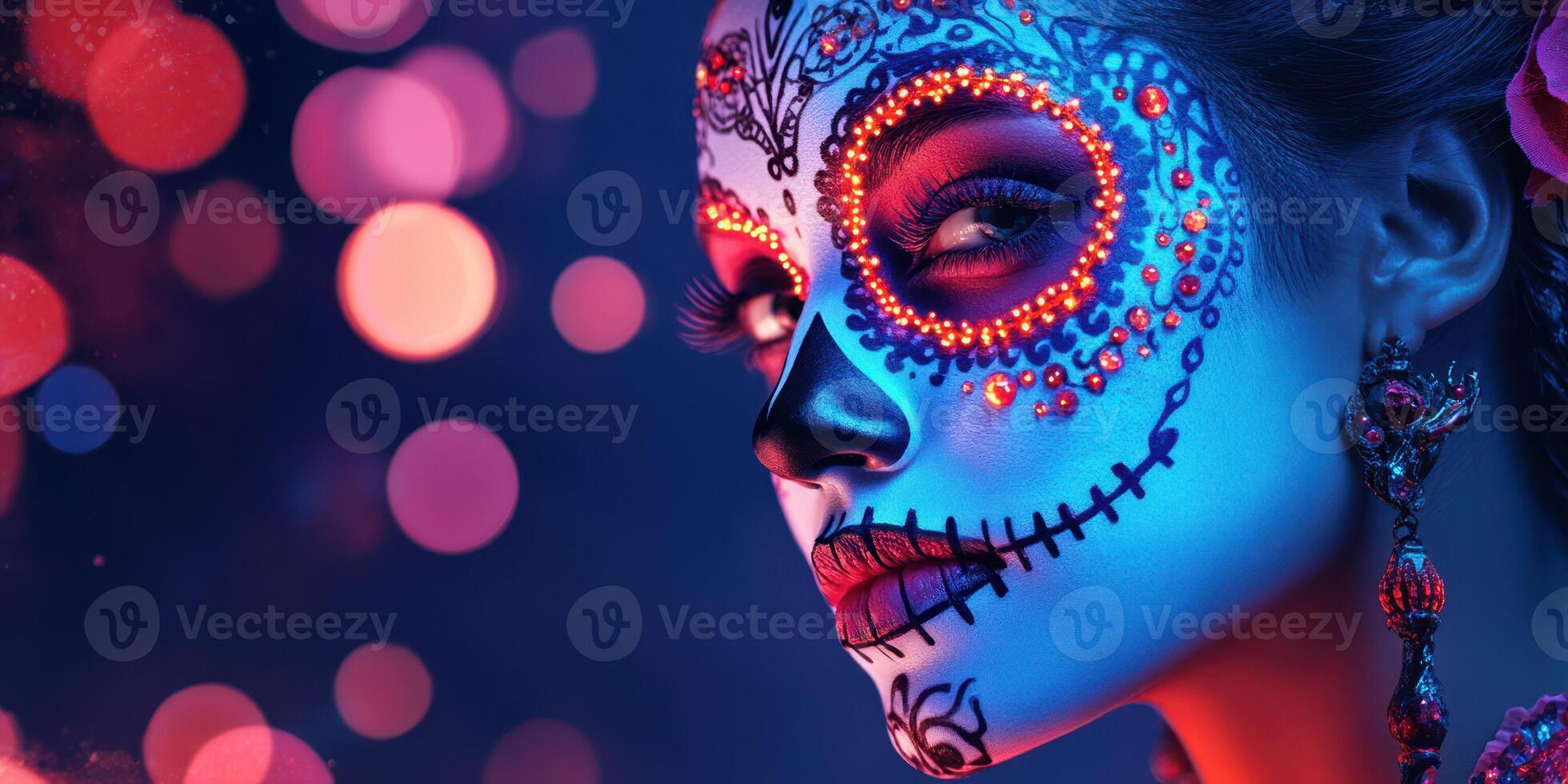 Colorful celebration of Day of the Dead with elaborately decorated skull makeup at night photo