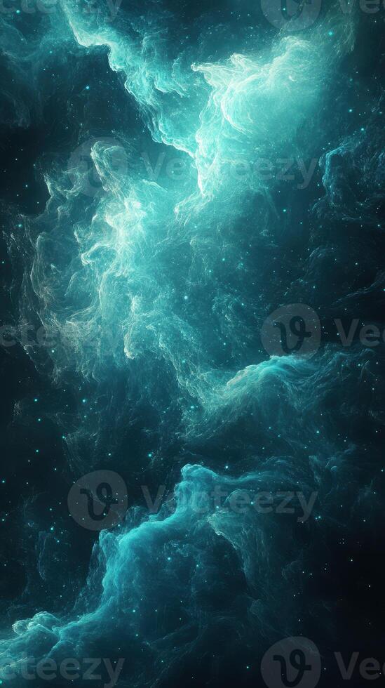 Vibrant swirling nebula in deep space with glowing turquoise hues and scattered stars at twilight photo