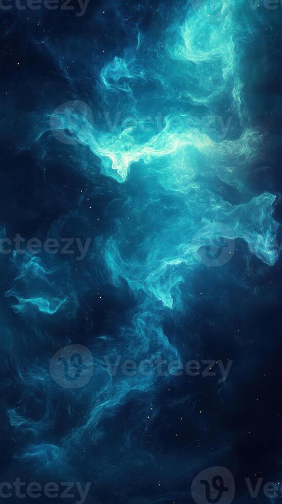Bright swirling nebula in deep space showcasing vibrant hues of blue and teal with scattered stars in the background photo