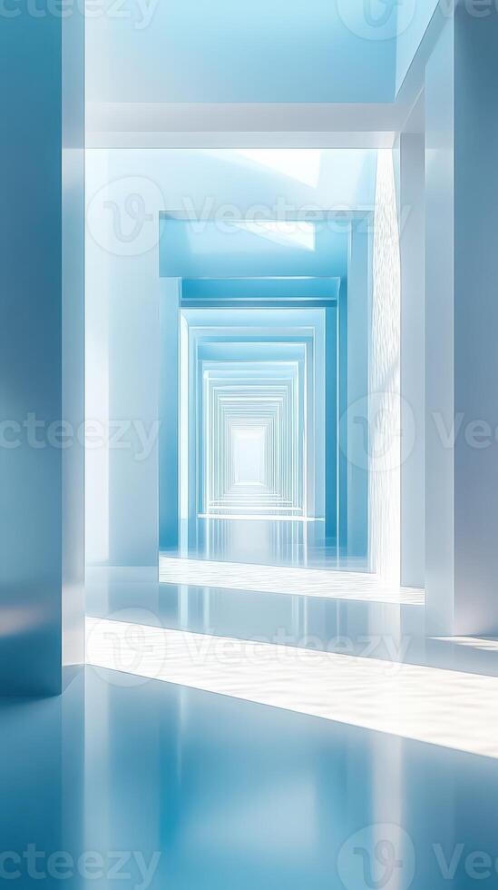 Light-filled corridor with blue walls and reflective floors creating an illusion of depth and tranquility photo