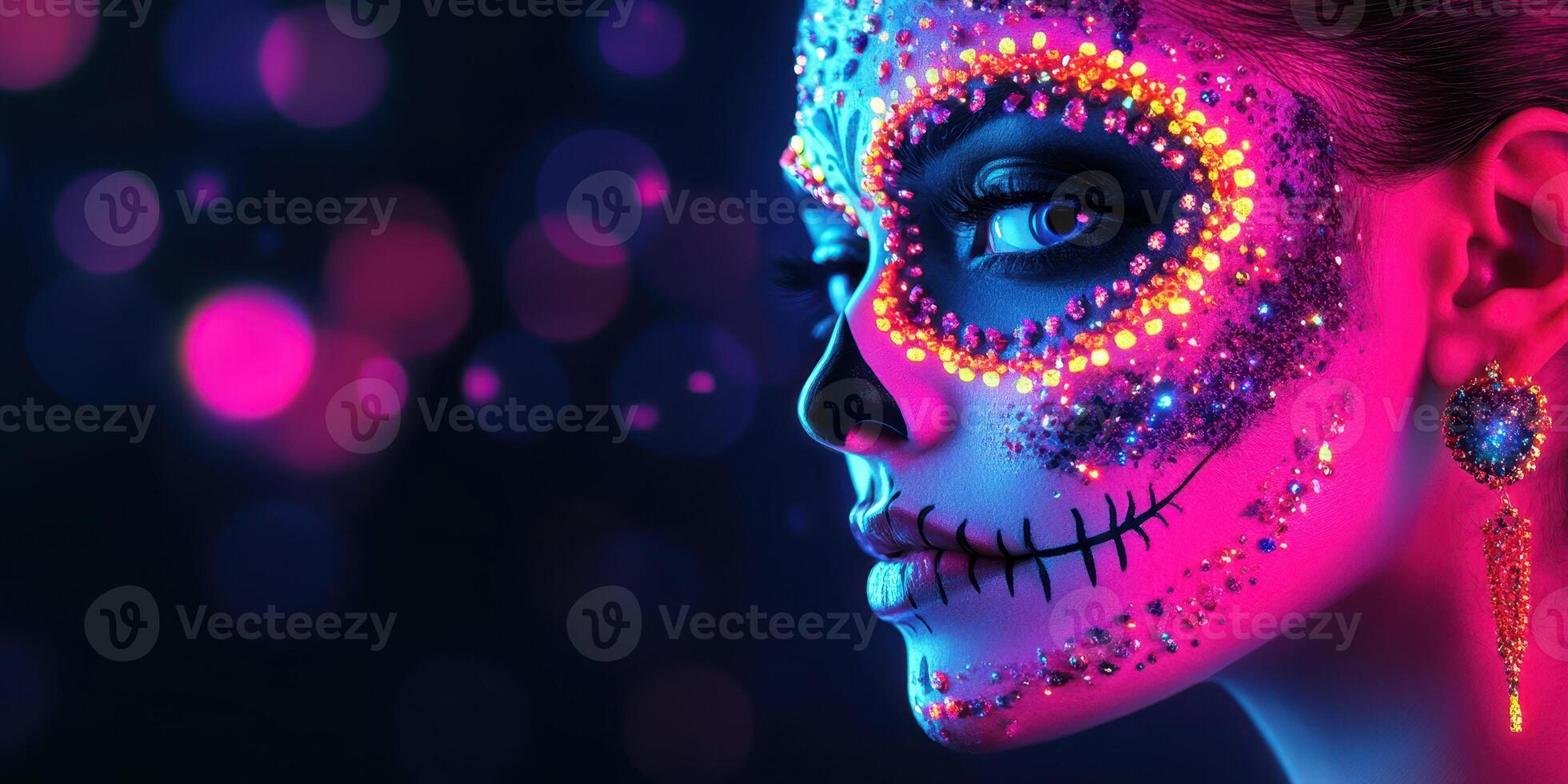 Colorful skull makeup and vibrant lights enhance a celebratory look during a night event photo