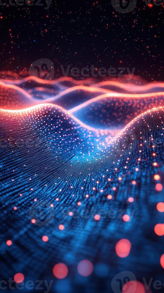 Colorful digital landscape representing a wave of data flowing in a futuristic environment during night time photo
