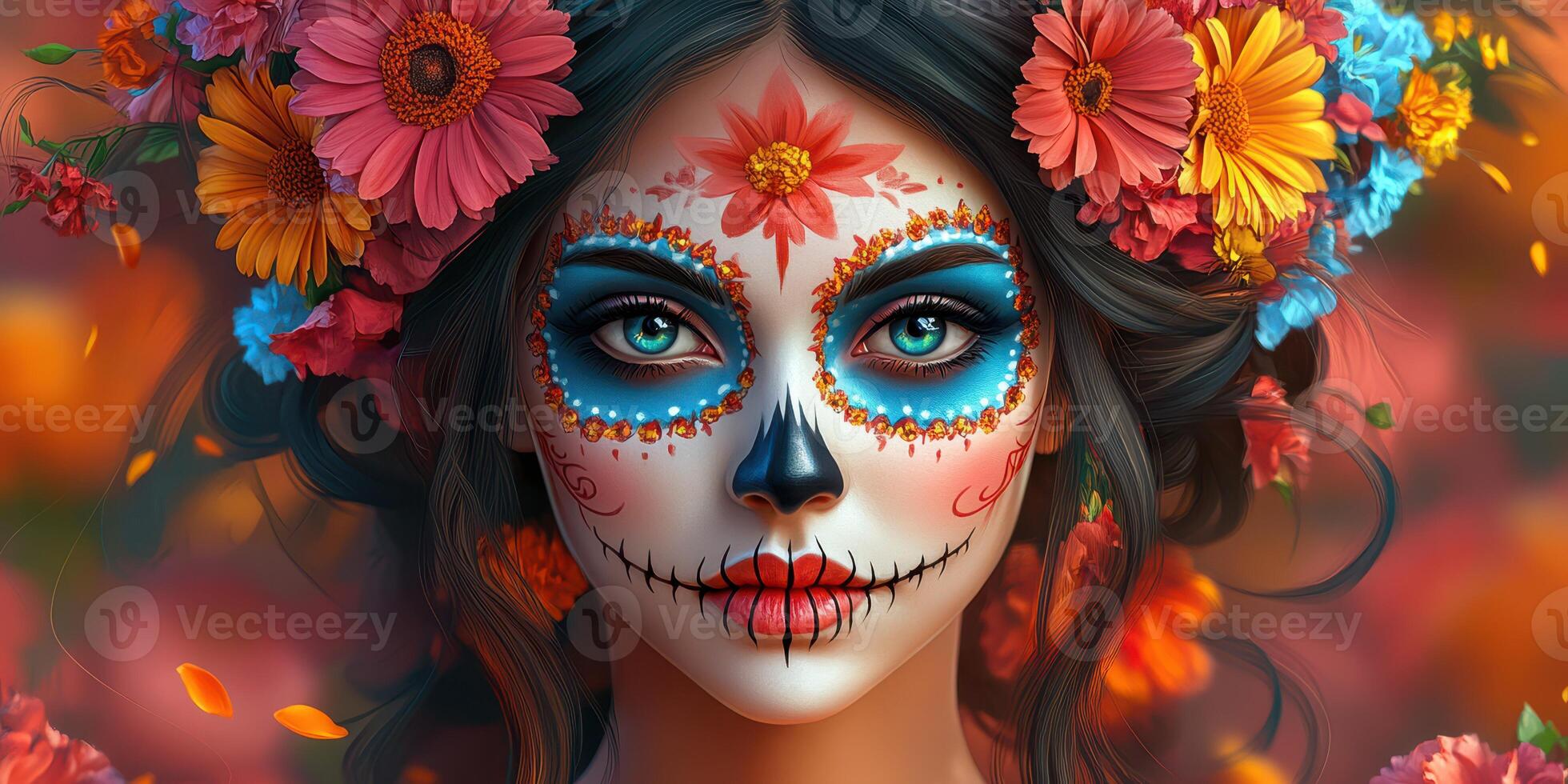 Celebrating the vibrant Day of the Dead with colorful flowers and intricate face paint in a festive atmosphere photo