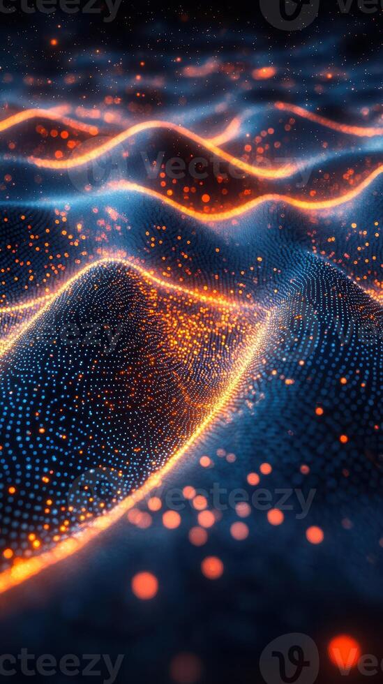 Dynamic waves of glowing particles create an abstract visual in a dark space setting photo