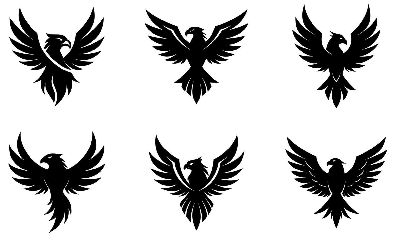 This image features six distinct, powerful, and majestic black silhouette eagle logos against a pure white background. vector