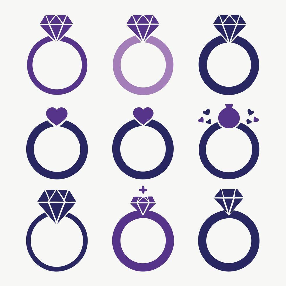 This graphic features a set of nine simple, white ring icons, each with a diamond or a pearl, against a deep navy blue background. vector