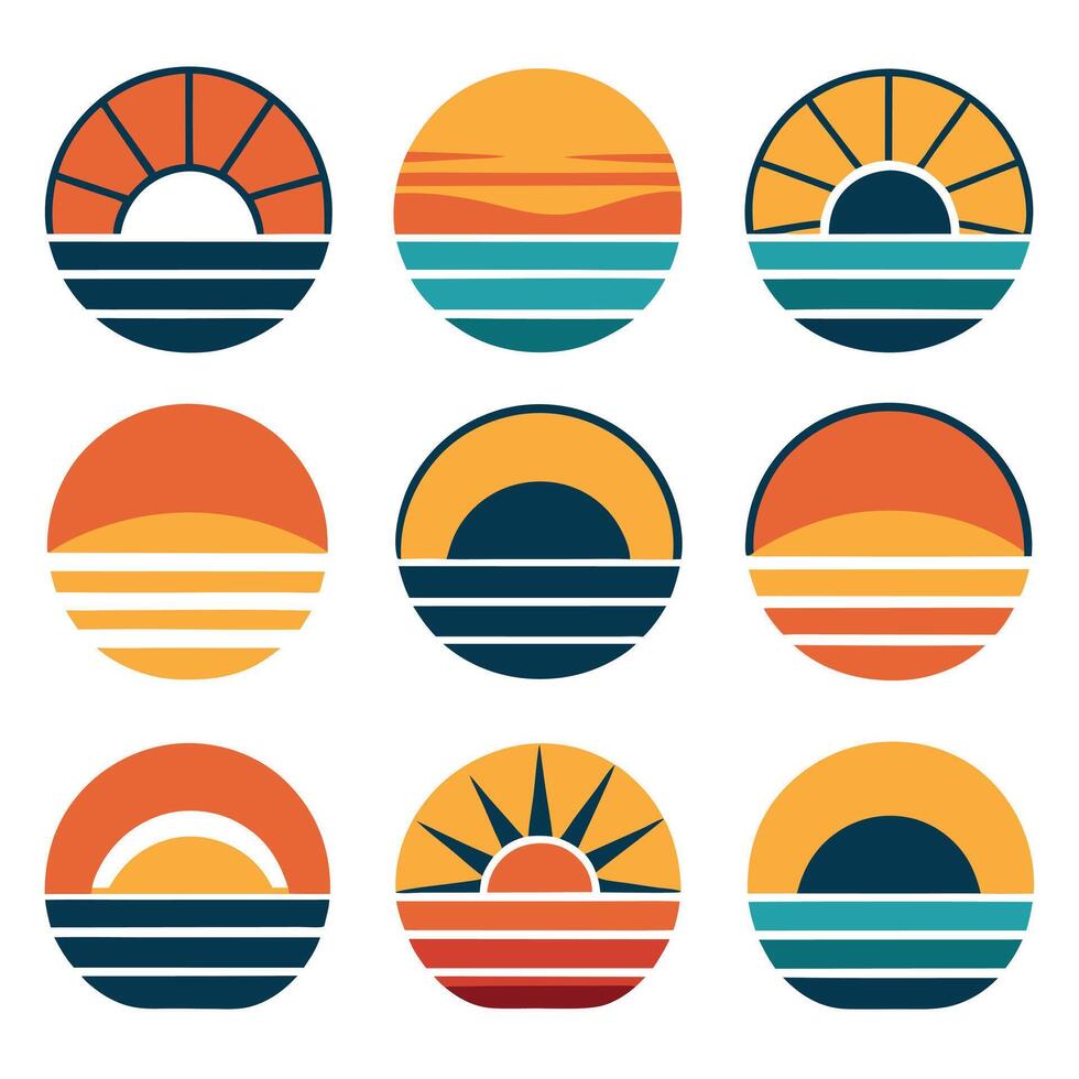 circular sunset icons in a retro style. vector