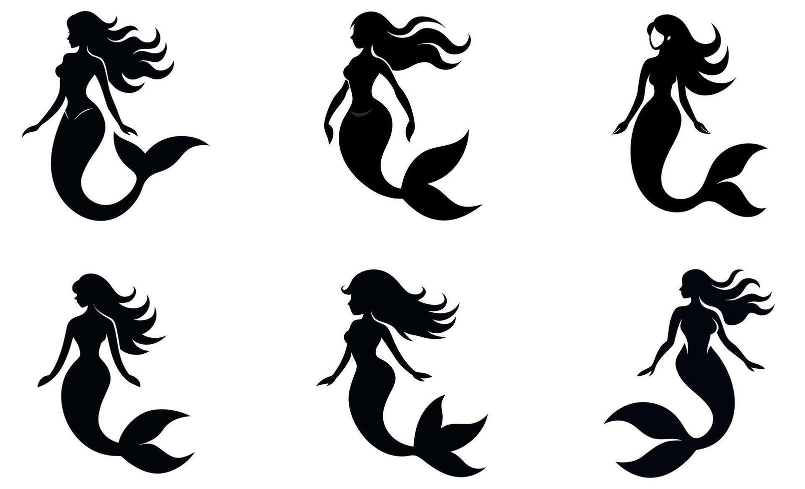 Black Silhouette Mermaids Set Against White Background vector