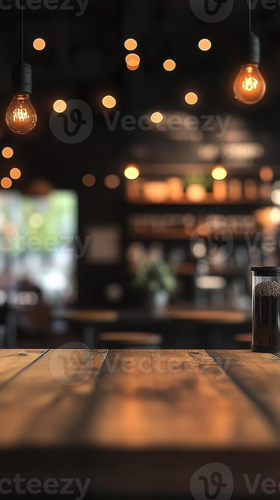 Warm and inviting cafe interior with wooden tables and soft lighting creating a cozy atmosphere in the evening photo