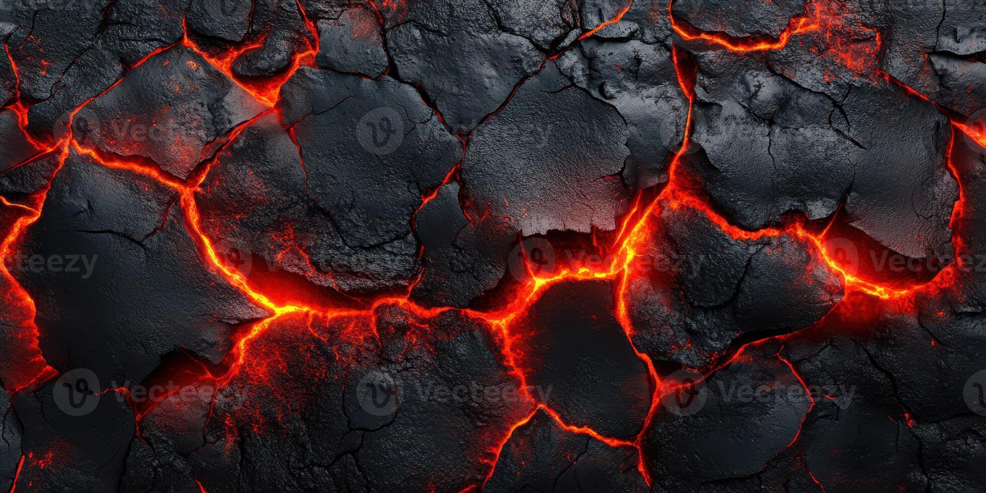 Volcanic lava flow creates intricate cracks and glowing fissures in dark rocky surface photo