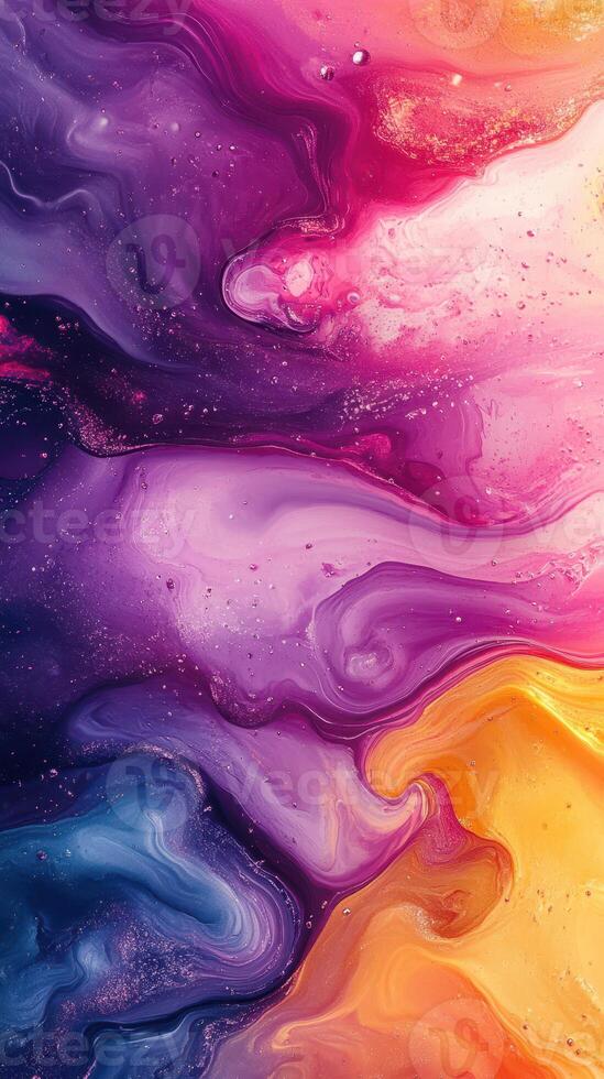 Vibrant abstract swirls of color create a mesmerizing visual display with bursts of purple, pink, and gold elements in a fluid design photo