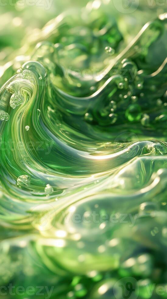 Swirling green liquid with bubbles creates a mesmerizing and dynamic pattern in a close-up view photo