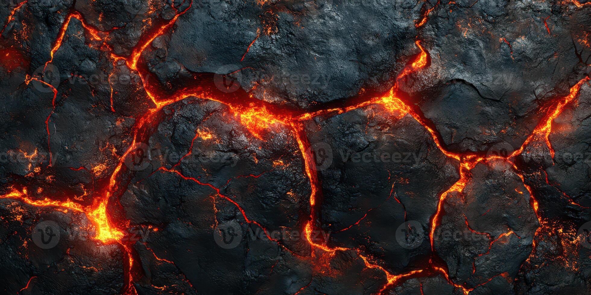 Spectacular lava flow revealing intricate cracks and glowing embers in a volcanic landscape during nighttime photo