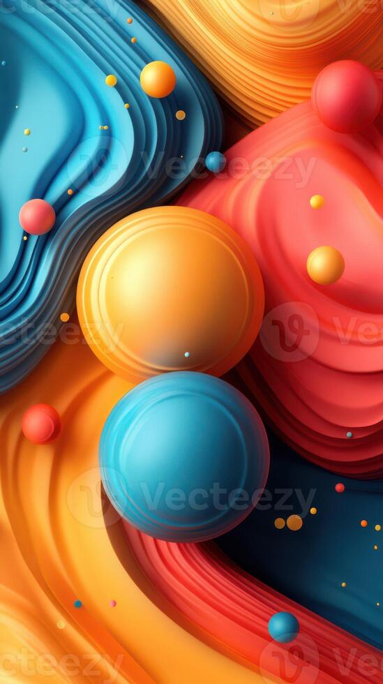 Colorful abstract design featuring vibrant shapes and flowing patterns with various spherical elements photo