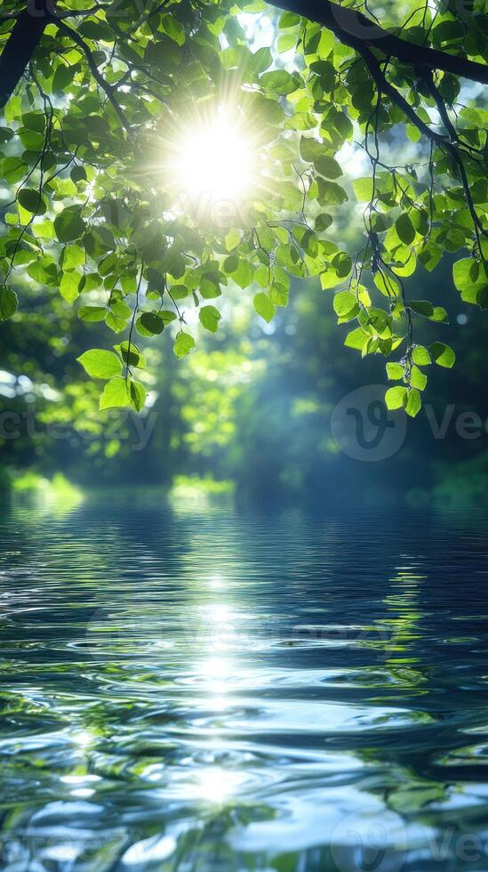Sunlight filters through lush green leaves reflecting on calm water in a serene natural setting photo