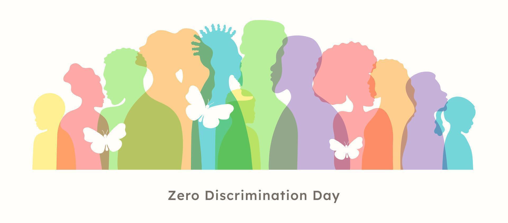 Zero discrimination day multicolored banner template. Rainbow colors silhouette of diversity people. Different nationalities, genders and ages human profile. Poster cover card info web. vector