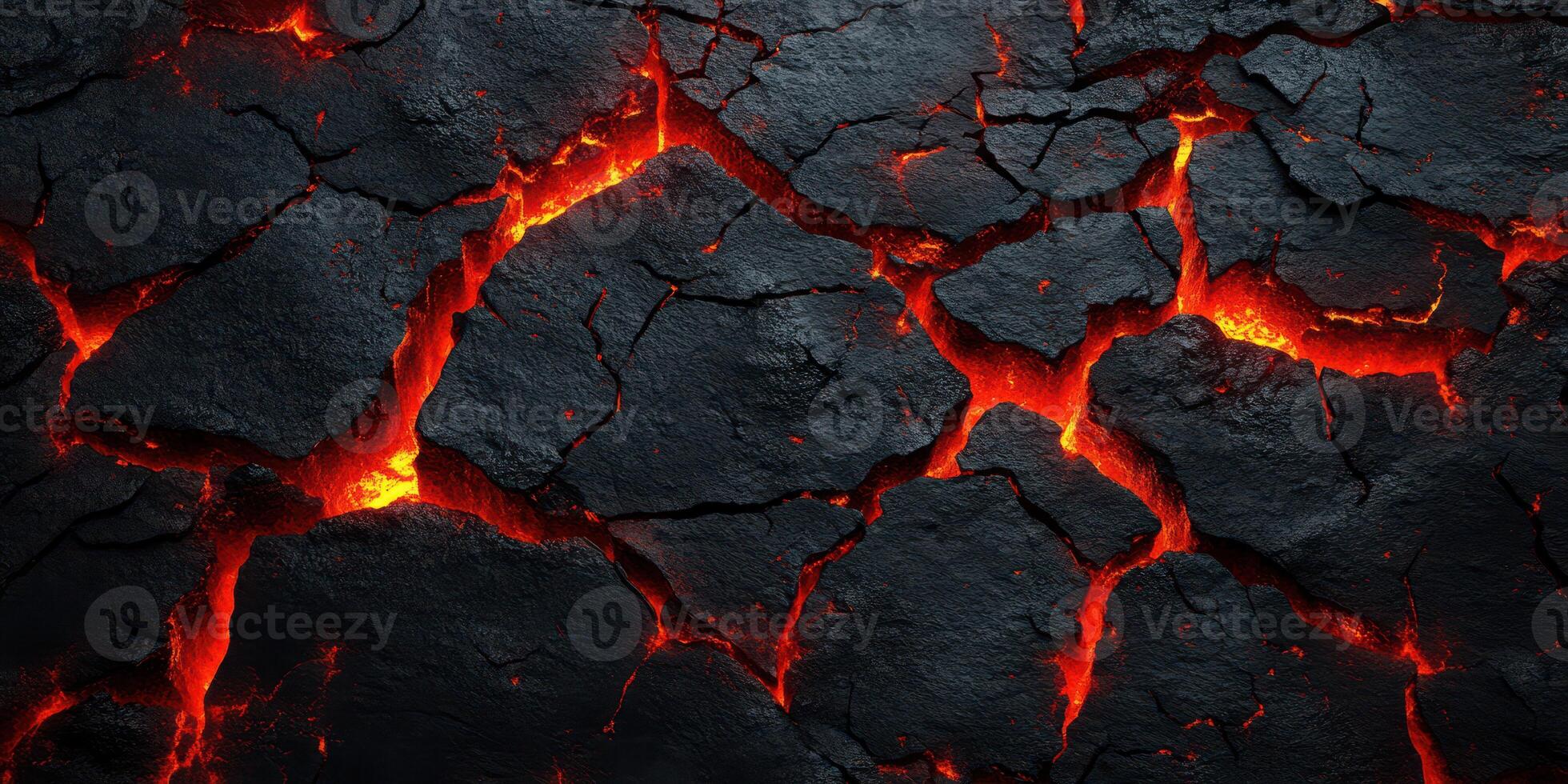 Molten lava flows through cracks in dark volcanic rock during a geothermal event in a remote landscape photo