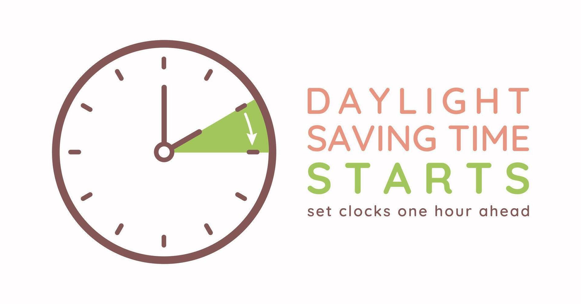 Daylight Saving Time starts template. Spring Forward. Web Banner Reminder. illustration with clocks turning to an hour ahead. Minimalist flat style summertime vector