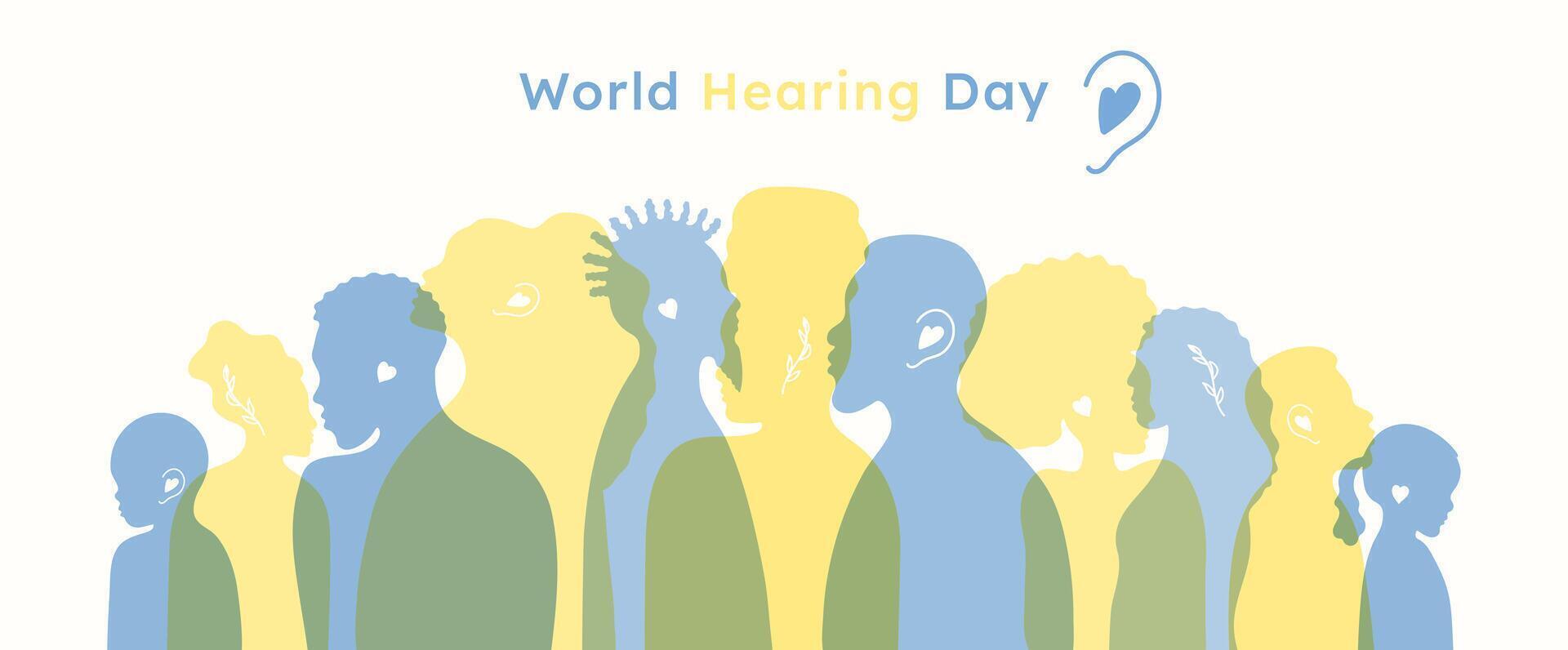 World Hearing Day banner template with typography. Silhouette of diversity people. Different nationalities, genders and ages human profile. Poster cover card info web. Ear diseases. vector