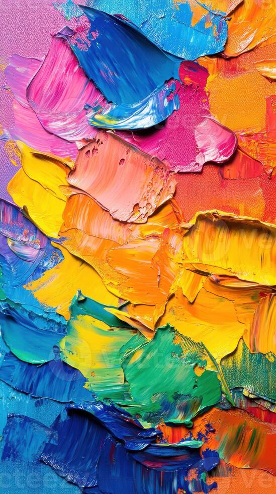 Vibrant colors blend in thick paint strokes creating a lively abstract artwork on a textured canvas photo
